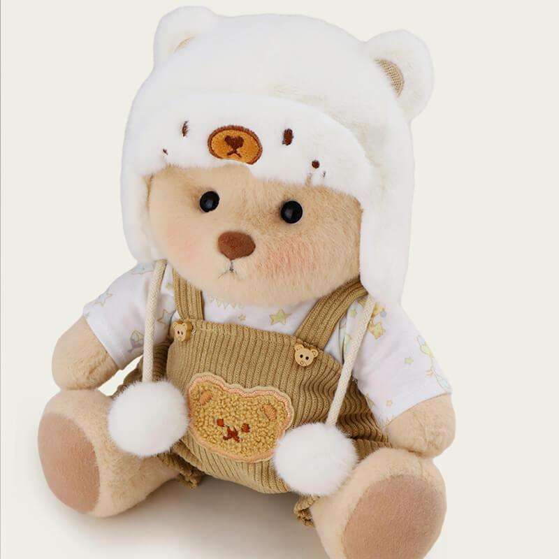 White Mink Hat Brown Overalls Bear | Handmade Jointed Teddy Bear Gift