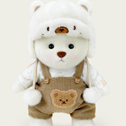 White Mink Hat Brown Overalls Bear | Handmade Jointed Teddy Bear Gift