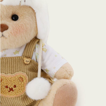 White Mink Hat Brown Overalls Bear | Handmade Jointed Teddy Bear Gift