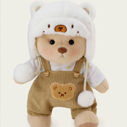 White Mink Hat Brown Overalls Bear | Handmade Jointed Teddy Bear Gift